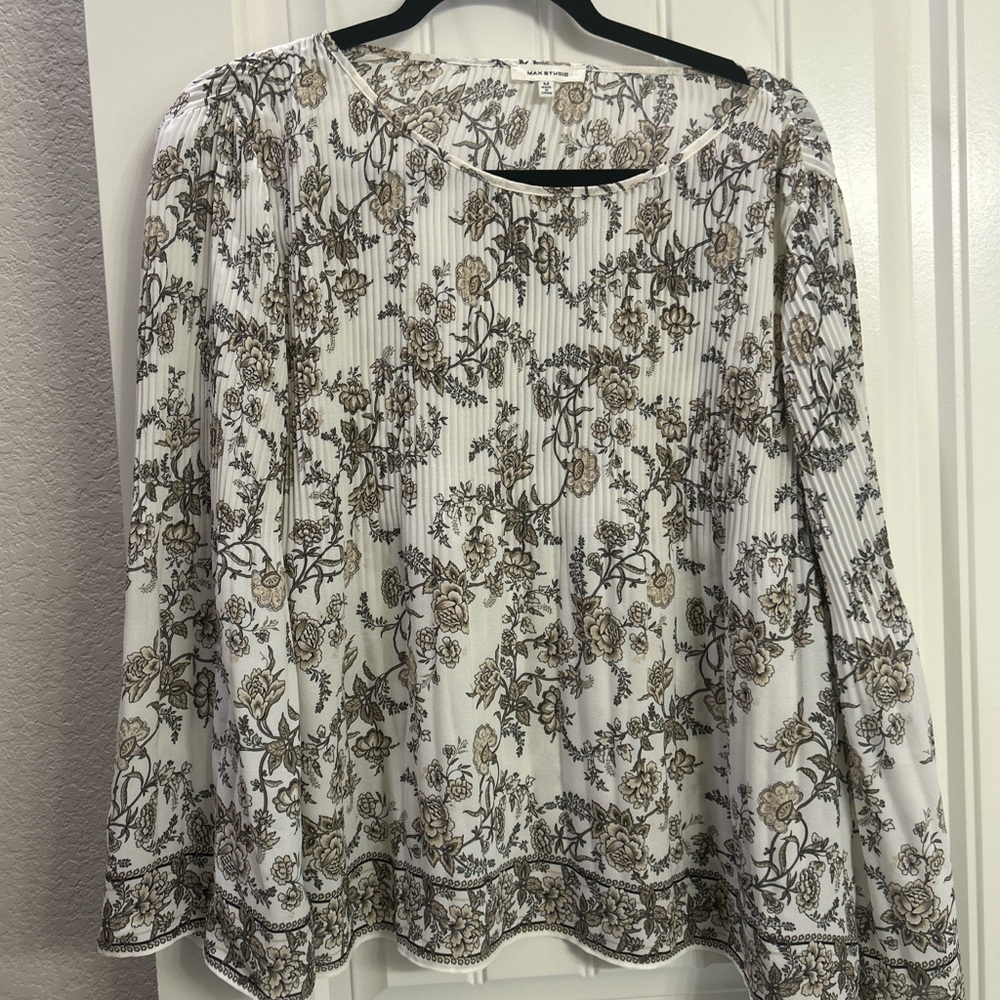 Max Studio White and Brown Floral Blouse